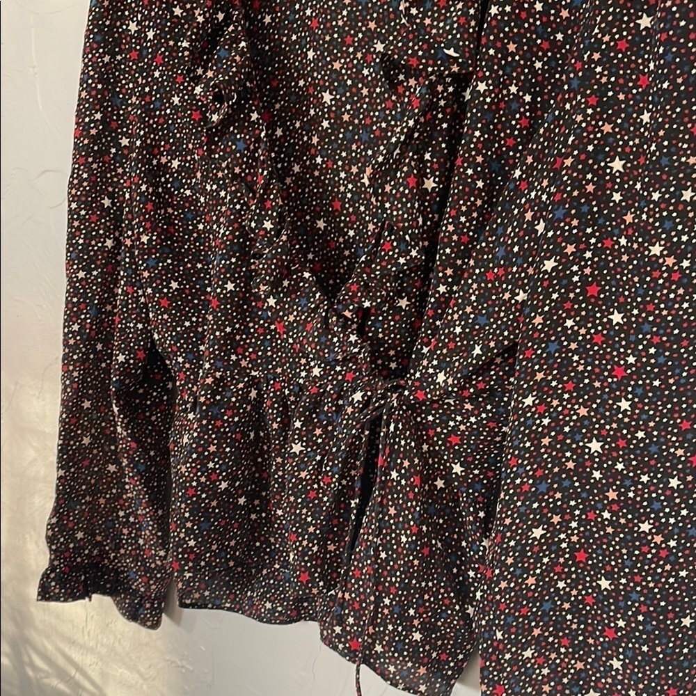 Madewell 100% Silk Star Print Black, Navy, Red, Cream Wrap Peplum Blouse - Picture 5 of 9